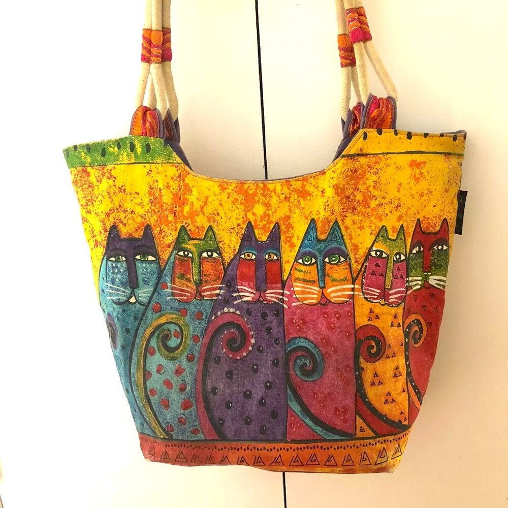Laurel Burch Large Tote Bag 19" - Colorful Cats Feline Art Print - Canvas Bag - Picture 2 of 16